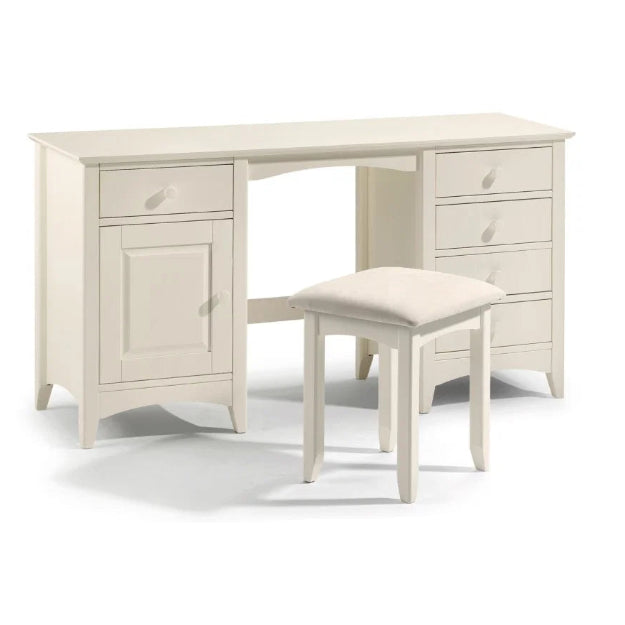 White desk with a matching stool on a white background