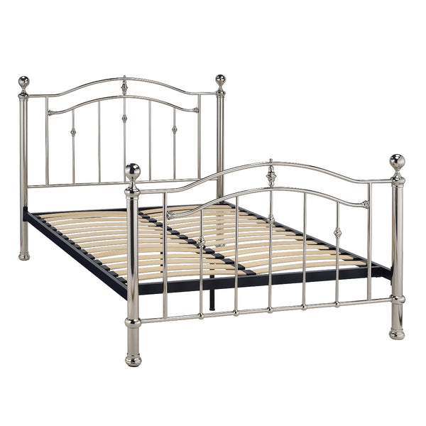 Metal bed frame with decorative posts on a white background