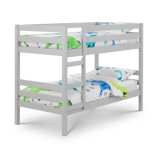 Gray bunk bed with dinosaur-themed bedding on a white background