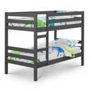 Gray bunk bed with dinosaur-themed bedding on a white background