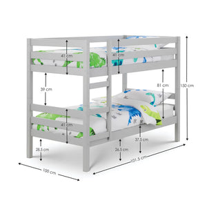 Bunk bed with dimensions labeled on a white background