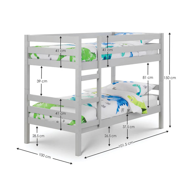 Bunk bed with dimensions labeled on a white background