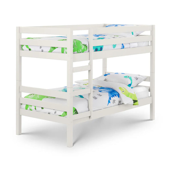 White bunk bed with dinosaur-themed bedding on a white background
