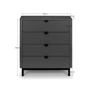 Black dresser with dimensions labeled on a white background