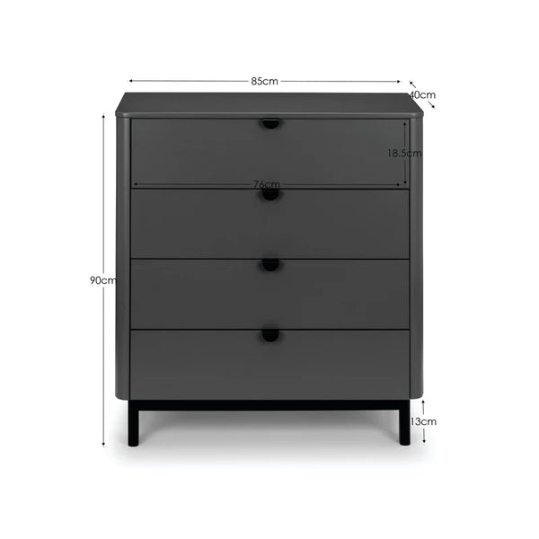Black dresser with dimensions labeled on a white background