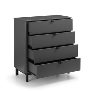 Black dresser with four drawers on a white background