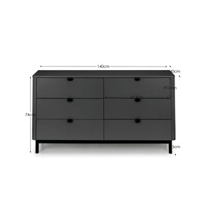 Black dresser with dimensions labeled on a white background