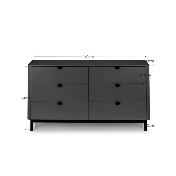 Black dresser with dimensions labeled on a white background