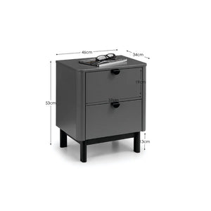 Gray nightstand with dimensions labeled on a white background