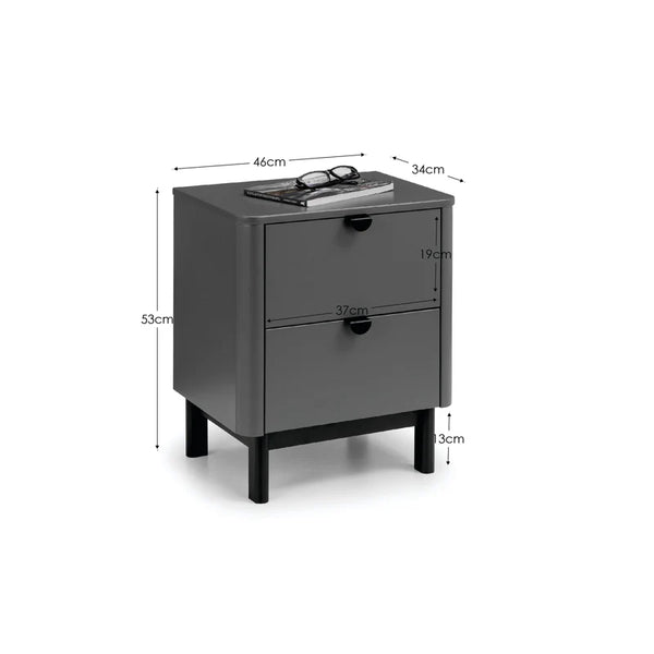 Gray nightstand with dimensions labeled on a white background