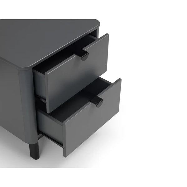 Dark gray drawer unit with two open drawers on a white background