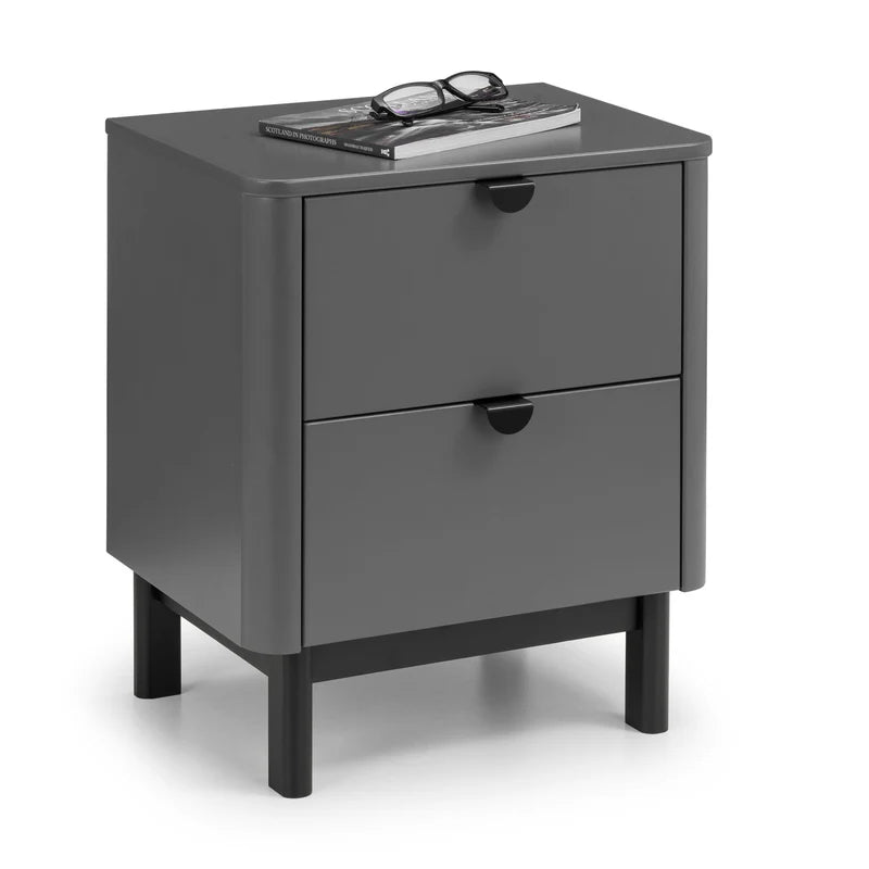 Gray nightstand with a single drawer on a white background