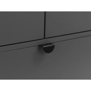 Close-up of a dark gray cabinet with a handle on a white background