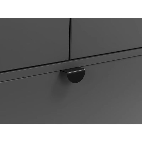 Close-up of a dark gray cabinet with a handle on a white background