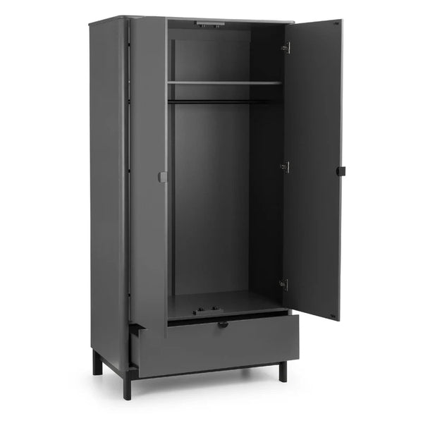 Gray metal locker with open doors on a white background