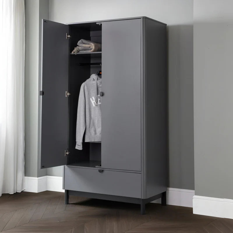 Gray wardrobe with two doors on a white background