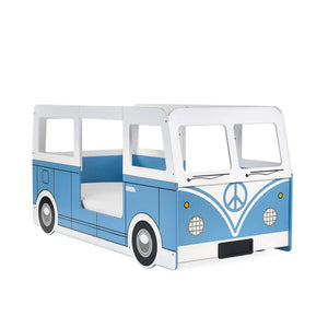 Blue and white bus-shaped bed with peace symbol on a white background