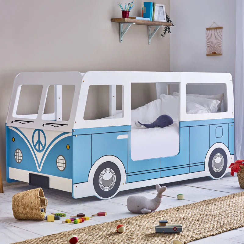 Blue and white bus-shaped bed on a white background