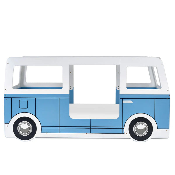 Blue and white bus-shaped bed on a white background