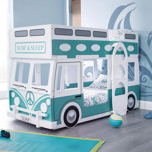 Children's bus-shaped bunk bed with teal and white design, featuring 'Surf & Sleep' branding.