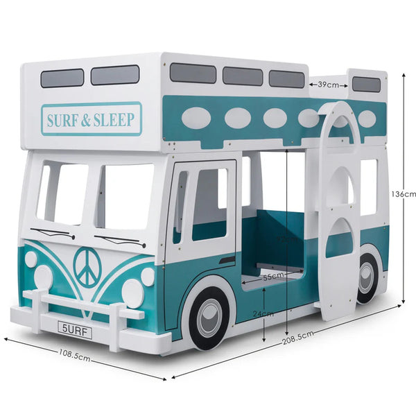 Children's bunk bed designed like a bus with 'Surf & Sleep' branding, featuring measurements on a white background.