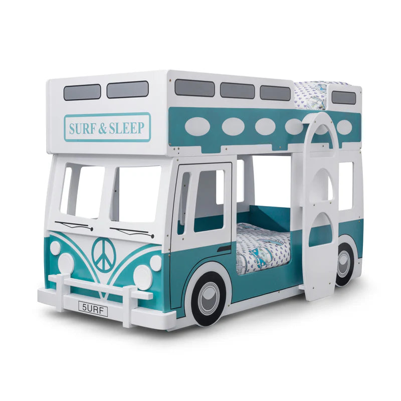 Teal and white bus-shaped bunk bed with 'Surf & Sleep' branding on a white background