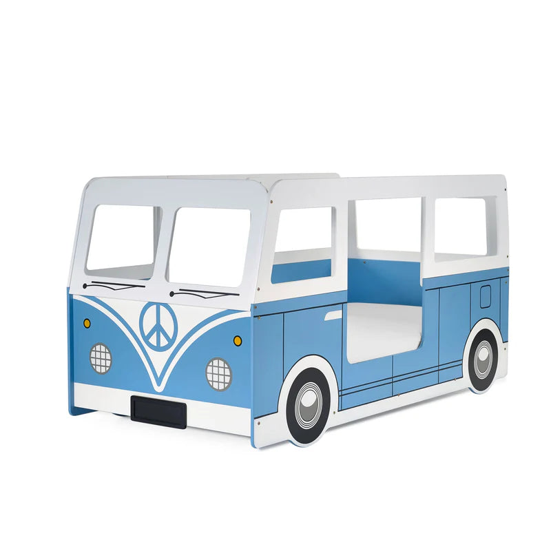 Blue and white bus-shaped bed on a white background