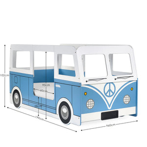 Blue and white van-shaped bed with peace symbol design and dimensions on a white background