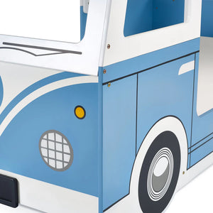 Children's toy bus with blue and white design on a white background