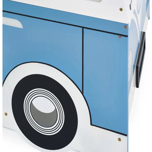 Close-up of a blue and white vehicle with a black circular design on a white background