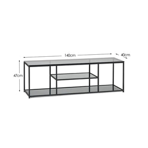 Black metal TV unit with dimensions on a white background