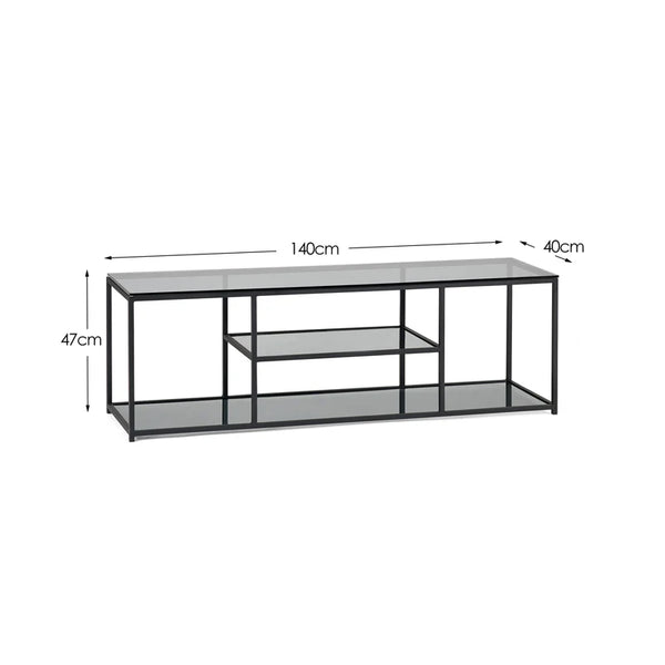 Black metal TV unit with dimensions on a white background