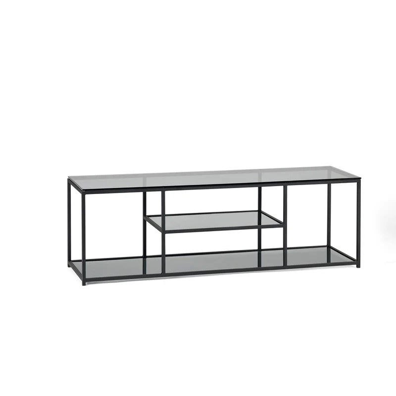 Black metal TV stand with glass shelves on a white background