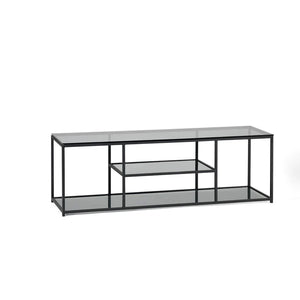 Black metal TV stand with glass shelves on a white background