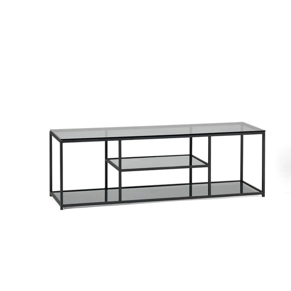 Black metal TV stand with glass shelves on a white background