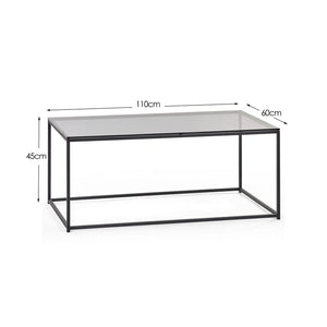 Coffee table with dimensions labeled on a white background