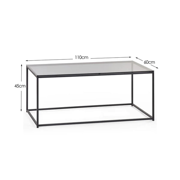 Coffee table with dimensions labeled on a white background