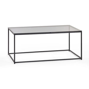 Coffee table with glass top and metal frame on a white background