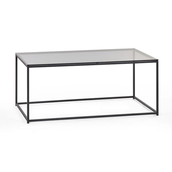 Coffee table with glass top and metal frame on a white background