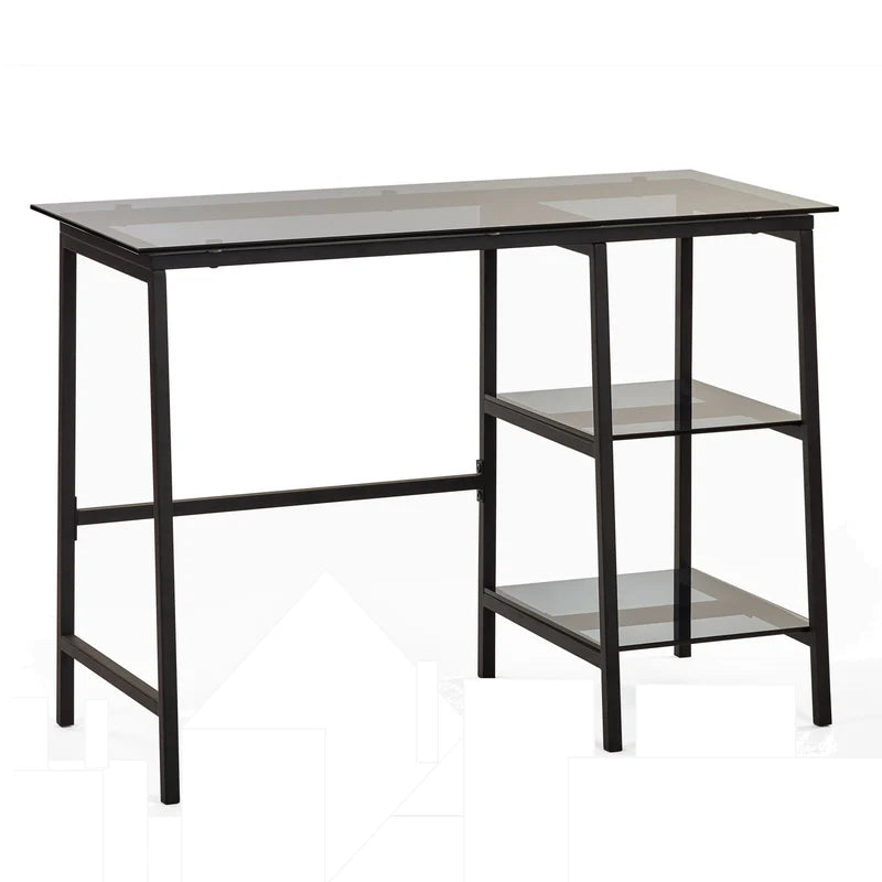 Black metal desk with glass top on a white background