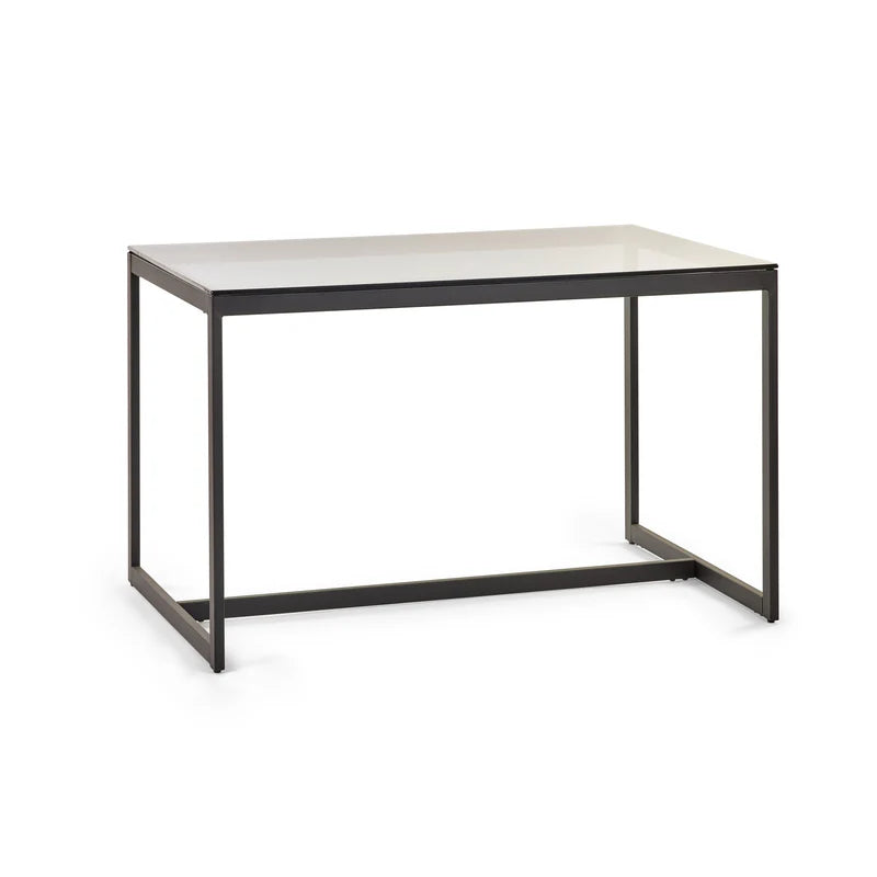 Rectangular dining table with a white top and black metal frame on a white background