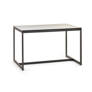 Rectangular dining table with a white top and black metal frame on a white background