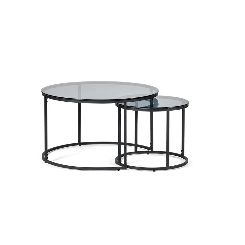 Set of two round glass coffee tables with black metal frames on a white background