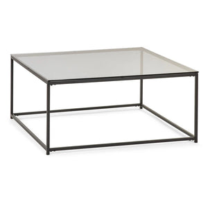 Glass coffee table with black metal frame on a white background