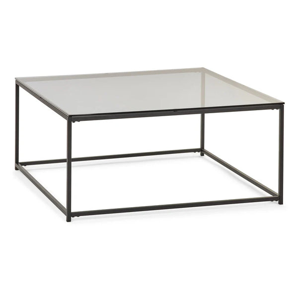 Glass coffee table with black metal frame on a white background