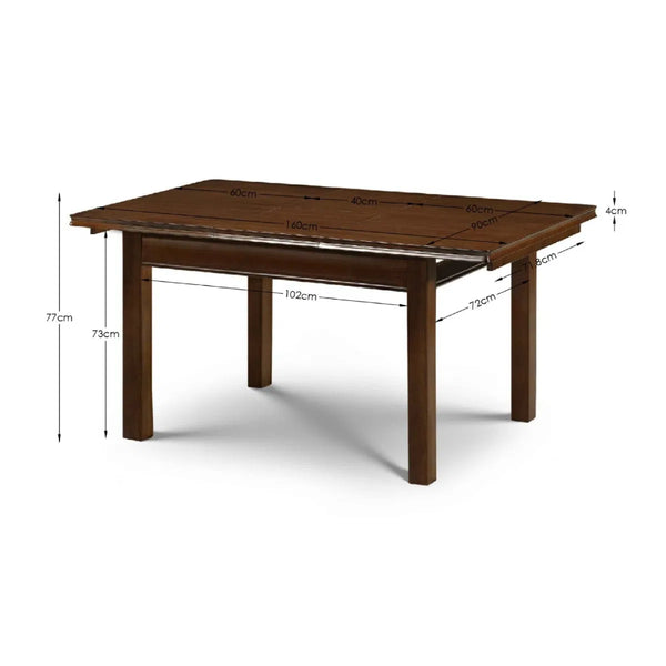 Wooden table with dimensions labeled on a white background
