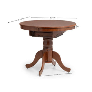 Wooden round table with dimensions marked on a white background