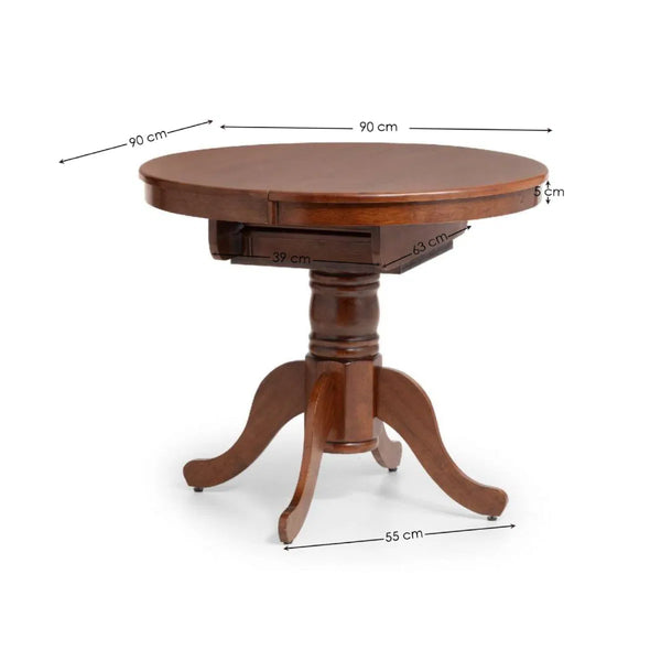 Wooden round table with dimensions marked on a white background