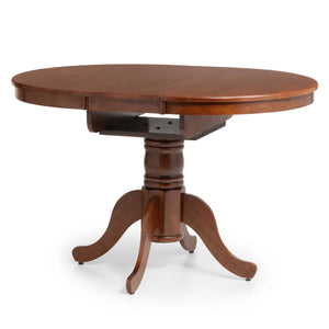 Wooden round table with a pedestal base on a white background