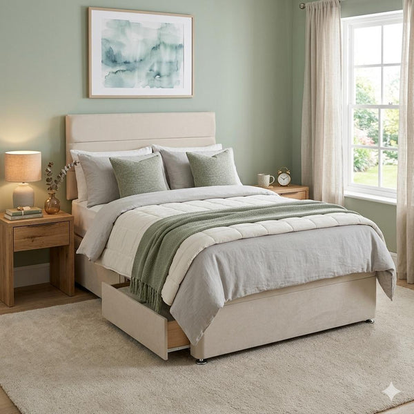 Canterbury mattress on a divan bed with headboard in a bedroom with side tables. 